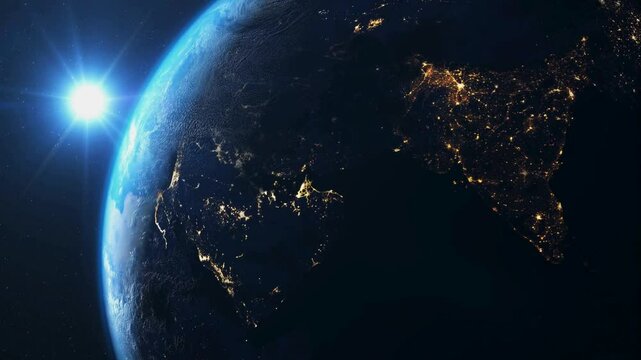 A Cinematic Breathtaking Wide View of Earth From Space With Sun Partially Visible.