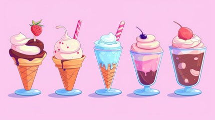 Delight in a vintage handdrawn illustration of an ice cream assortment, showcasing cups, cones, and popsicles in various flavors.