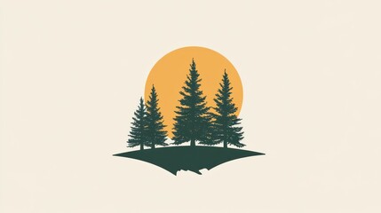 Silhouettes of trees and sun, peaceful landscape, graphic design, possible use in branding or print media