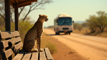 A cheetah waiting at a bus stop.

