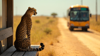A cheetah waiting at a bus stop.

