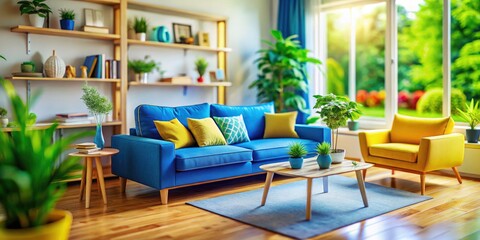 Cozy Living Room with Blue and Yellow Couches and Potted Plants in Tilt-Shift Photography Style
