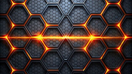Dark Gray Abstract Technology Banner with Hexagon Carbon Fiber Grid and Orange Neon Lines - Drone Photography Background for Digital Design and Innovation