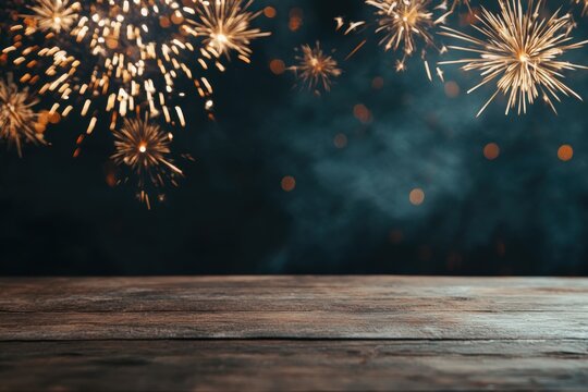 Festive fireworks exploding over rustic wooden table at night