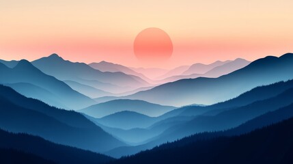 Obraz premium Blue layered mountains with a setting sun in the evening sky