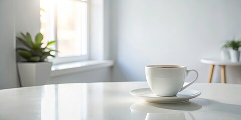 Elegant White Ceramic Cup on White Table for Minimalist Home Decor, Coffee Lovers, and Aesthetic Photography