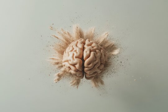 Human brain exploding with light brown particles on light green background
