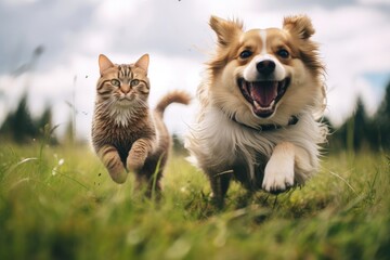 Cat and dog running together in grassy field. Playful pets outdoors. Friendship between animals. Joyful domestic companions enjoying nature. Summer pet care concept.