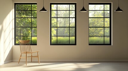 Modern room with large windows, sunny day, relaxing