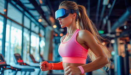 Woman in pink sports bra experiencing virtual reality workout at gym, wearing blue VR headset and fitness tracker while running on treadmill
