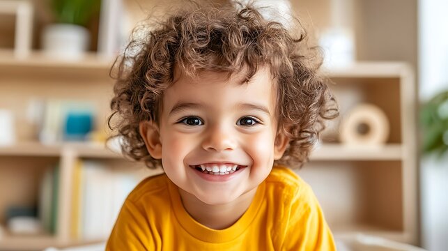 Smiling toddler in yellow shirt at home bookcase - Powered by Adobe
