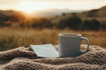 Cozy morning: enjoying hot coffee and journaling at sunrise in nature