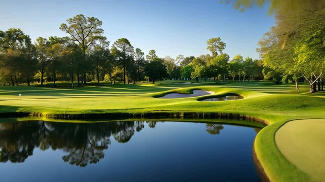 Enjoy the serenity of a pond with a scenic golf course backdrop, a harmonious blend of recreation and nature. Ai Generated.