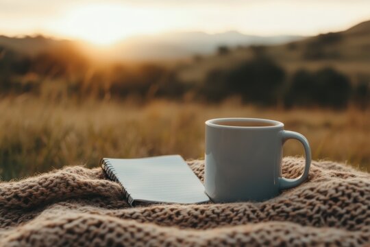Cozy morning: enjoying hot coffee and journaling at sunrise in nature