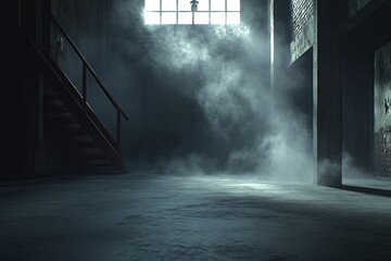 Industrial interior, smoky, dimly lit warehouse, steps, window light