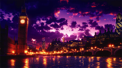 Fototapeta premium Stunning Vector Art of London Cityscape at Dusk Featuring Big Ben and Illuminated River Thames with Vibrant Sky - Iconic British Landmark Night Scene