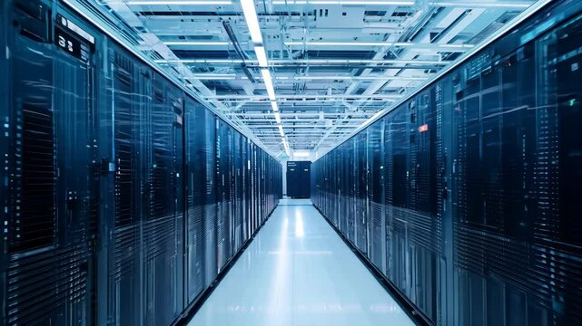 A futuristic data center with long rows of servers illuminated by cool blue lights, symbolizing cloud computing, cybersecurity, and technology. . High quality 4k footage