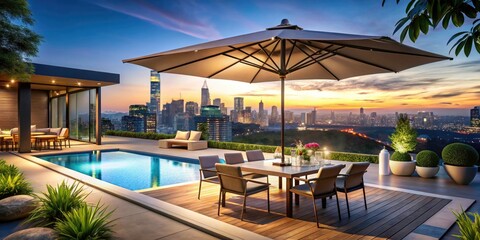 Fototapeta premium Luxury Patio Umbrella for Outdoor Dining by Poolside with Cityscape View, Elegant Shade Design, Modern Lifestyle, Summer Retreat, Relaxation Area, Stylish Architecture