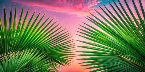 Obraz premium Macro Photography of Palm Leaves Silhouetted Against a Soft Pink Sky at Dawn or Dusk with Ample Copy Space for Text Overlay