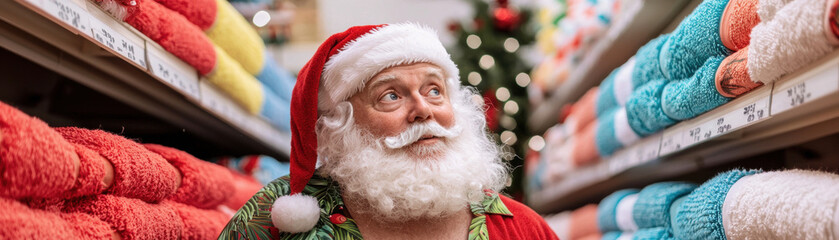 Christmas in July Santa. Santa Claus surrounded by colorful holiday decorations in a store aisle.