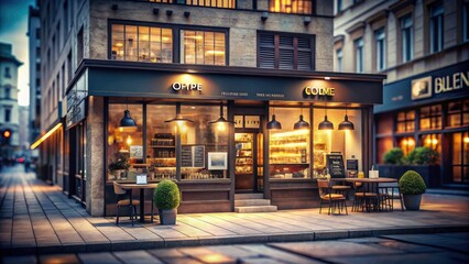 Fototapeta premium Minimalist Coffee Shop Storefront on City Street with Tilt-Shift Photography, Modern Design, Urban Advertising, Cozy Vibes, and Inviting Atmosphere