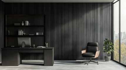 Modern dark wood office interior with city view. Possible use Stock photo for office design, architecture, or interior design