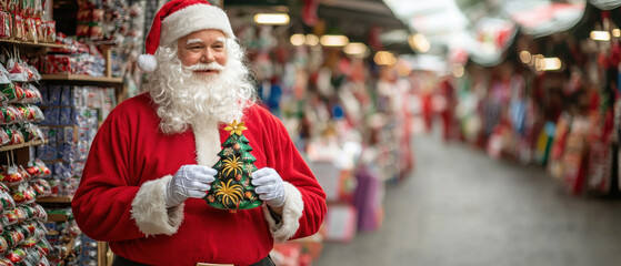 Christmas in July Santa. Santa Claus holding a tree decoration at a festive market.