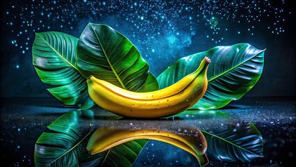 Night Photography of a Modern Flat Lay Featuring a Banana in Double Exposure, Showcasing Fresh Natural Products for Stock Photography