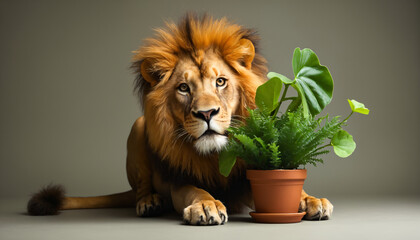 A lion hiding behind a houseplant.

