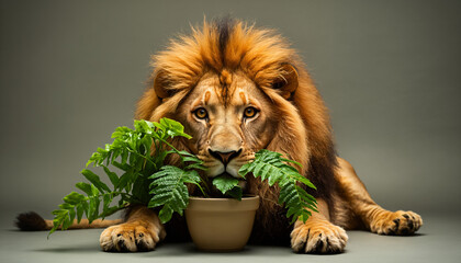 A lion hiding behind a houseplant.

