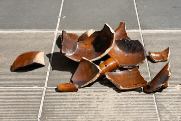 angle view broken clay pot on the floor