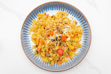 top view curry seafood fried rice at horizontal composition