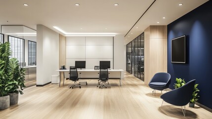 Modern office interior with wooden floors, white walls, and dark blue accents.  Use for business, design, or architecture inspiration
