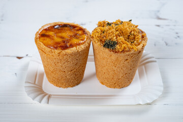 angle view two cup egg tarts at horizontal composition