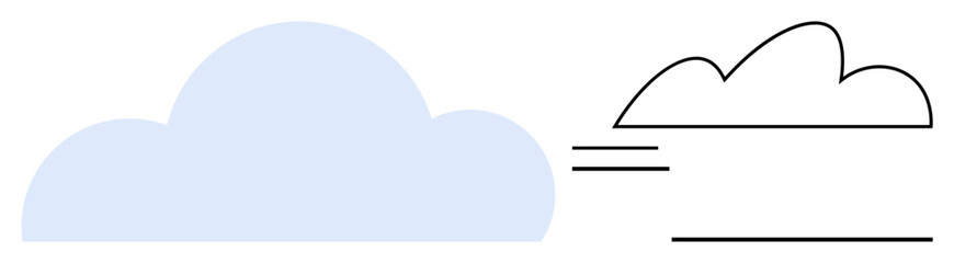 Filled blue cloud shape paired with minimalist outlined version emphasizes contrast, design styles, and simplicity. Ideal for creativity, weather, data storage, comparison, minimalism, abstraction