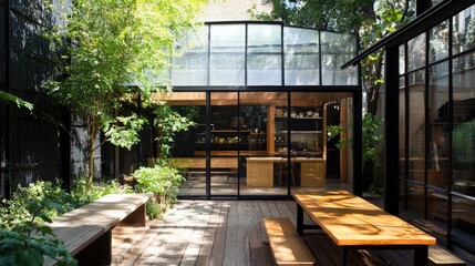 Fototapeta premium Bright and airy outdoor courtyard with a greenhouse, wooden benches, and a designated play zone.