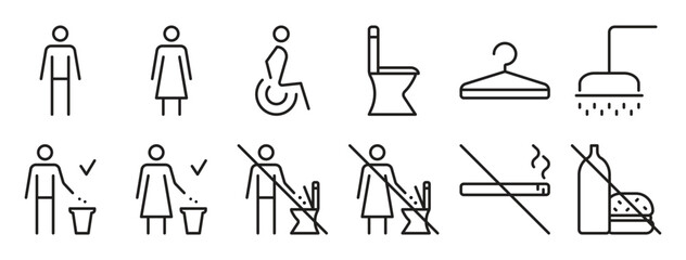 Toilet black line icon set, WC outline sign collection. Restrooms for men and women, vector editable stroke pictograms, do not throw trash in toilet bowl and other prohibitory signs
