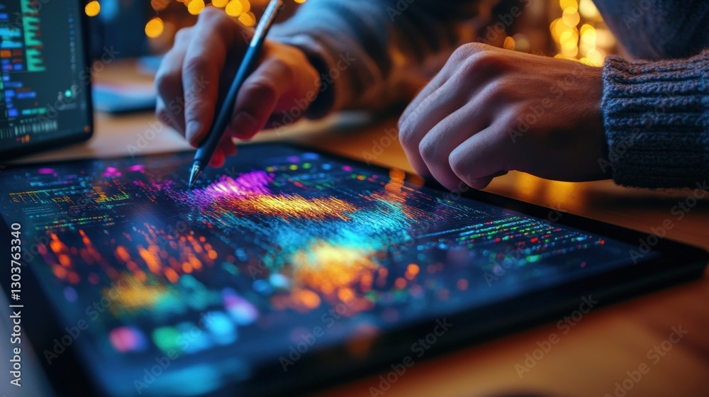 Poster close up of software developer using digital pen on tablet, working on innovative user interface des