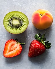 Kiwi with rough skin reveals green interior, full of tiny seeds. Soft fluffy peach with sweet aroma and red strawberry shows the clarity of its fresh and juicy seeds