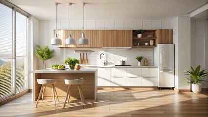 Serene Minimalist Kitchen Interior with White and Wood Elements, Timeless Ambiance, Copy Space for Design Inspiration, Modern Aesthetics, Clean Lines, and Natural Light