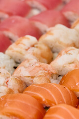 Close up of sushi with salmon, tuna, shrimp and cream cheese