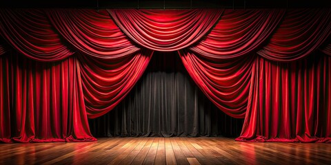 Stunning Panoramic Image of Open Red Stage Curtain on Black Background for Theater Performance, Dramatic Show, Entertainment Template, and Event Promotion