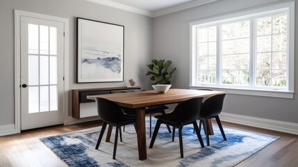 Modern dining room interior, neutral tones, artwork, sunlight