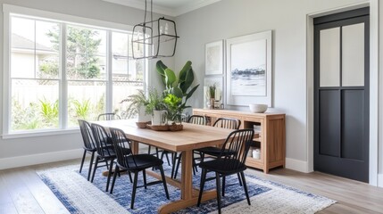 Modern dining room with large windows and art, a light and airy space