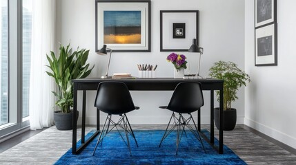 Modern home office, city view, minimalist design, workspace, artistic inspiration, home interior, trendy style, contemporary decor