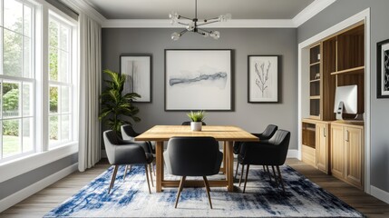 Modern dining room with art and built-in desk.  Possible use Interior design inspiration