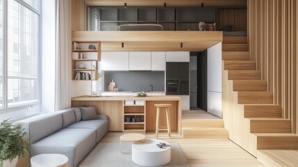 Functional small living room in Scandinavian style, featuring a mix of wood, white, and gray tones.