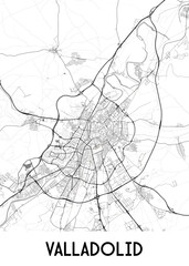 Naklejka premium A detailed black and white map of Valladolid, Spain, showcasing the city's street network and surrounding areas. The map features a winding river flowing through the city center.