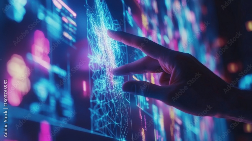 Poster hand interacting with holographic interface showing big data analysis and neural network processing 