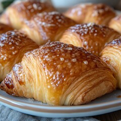 Croissants Glazed on Plate. Baked goods